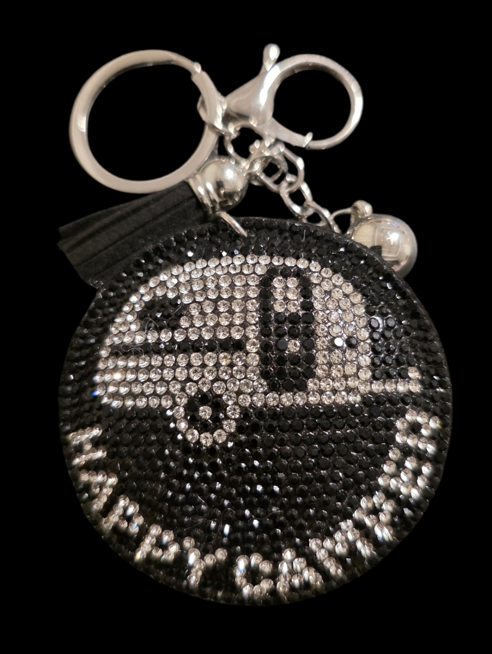 Black and Silver Happy Camper Rhinestone Bag Charm Keychain